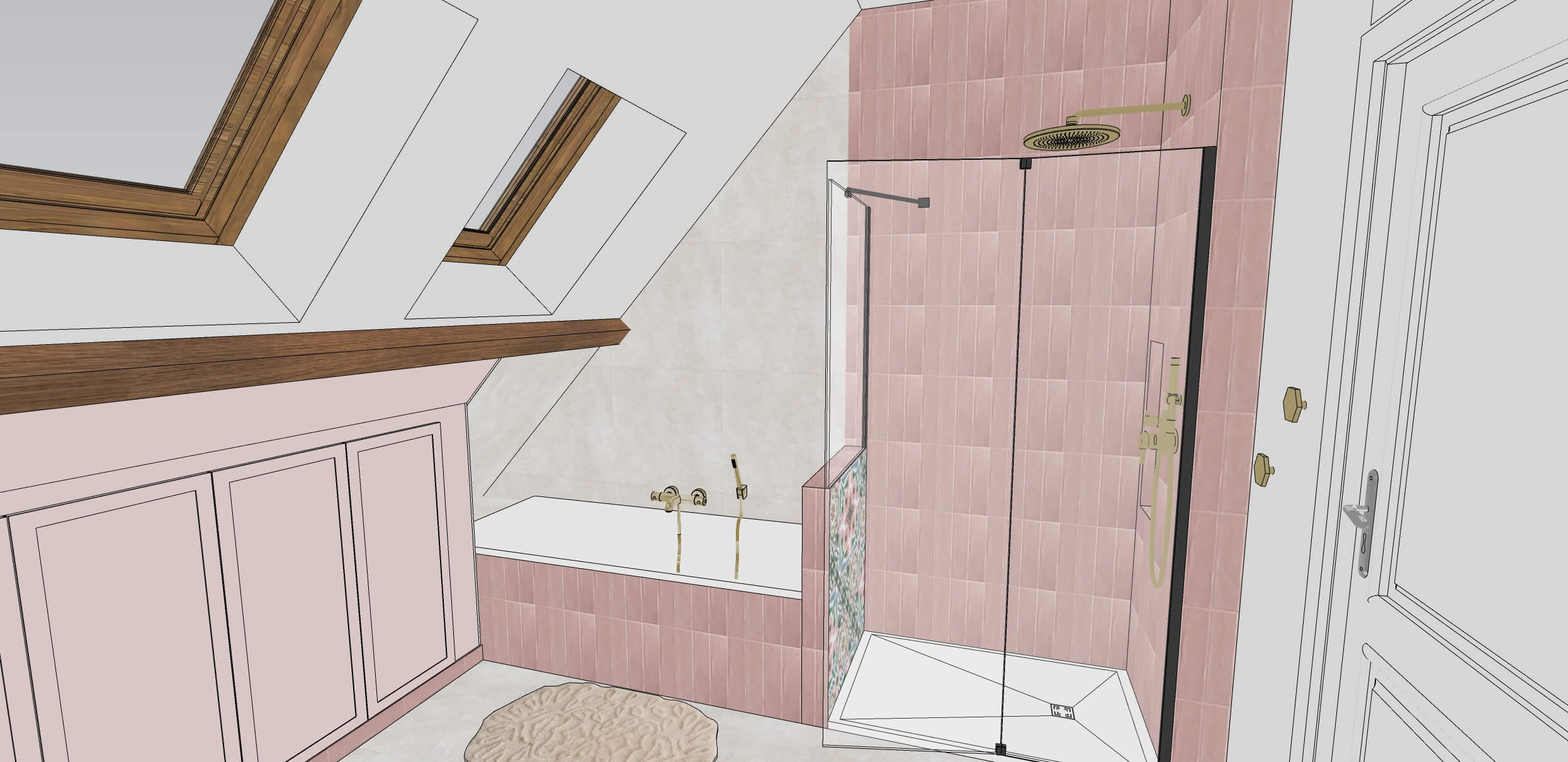 Rénovation d'une maison familiale à Villeconin, en Essonne, salle de bain bohème, zelliges roses, robinetterie laiton