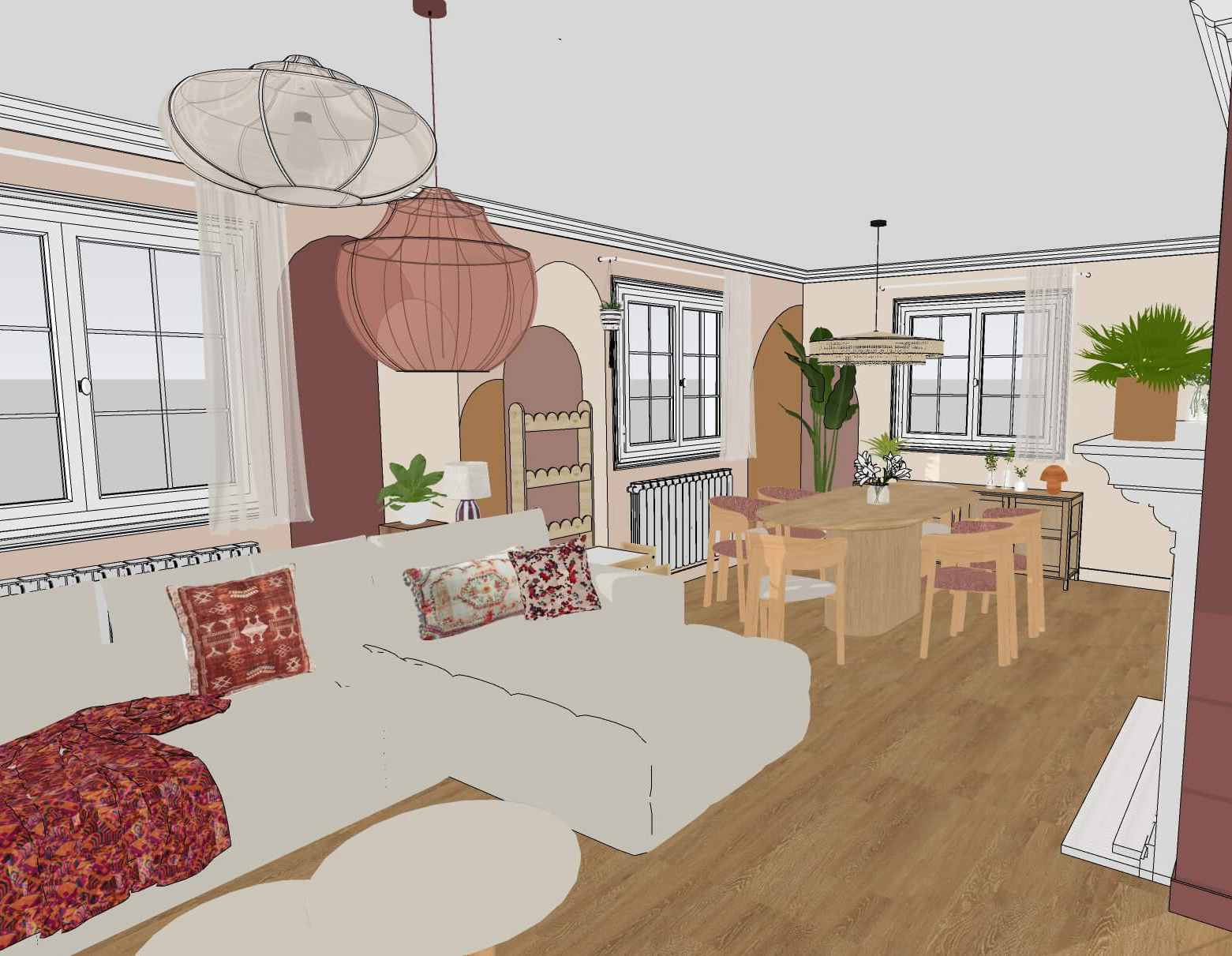 Rénovation d'une maison familiale à Villeconin, en Essonne, séjour solaire et bohème avec des couleurs naturelles associées aux bois