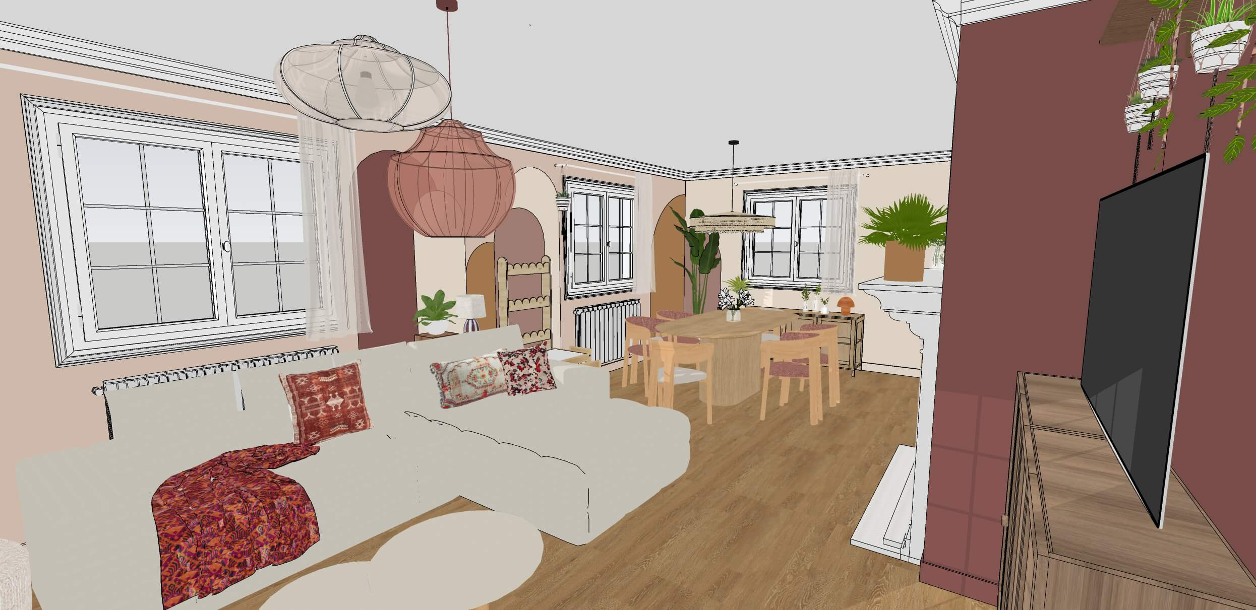 Rénovation d'une maison familiale à Villeconin, en Essonne, séjour solaire et bohème avec des couleurs naturelles associées aux bois