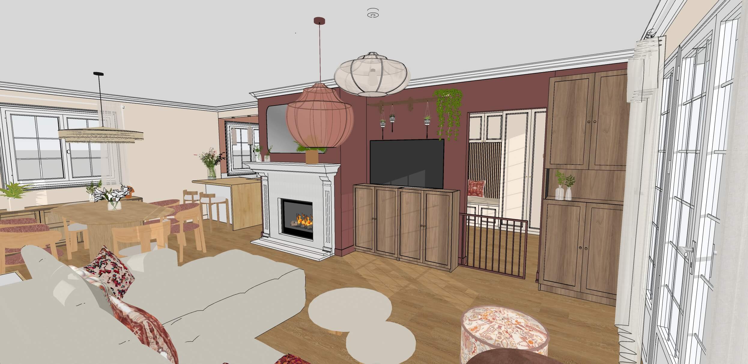 Rénovation d'une maison familiale à Villeconin, en Essonne, salon canapé comfy beige, mur bordeaux et meubles bois, textiles bohèmes colorés
