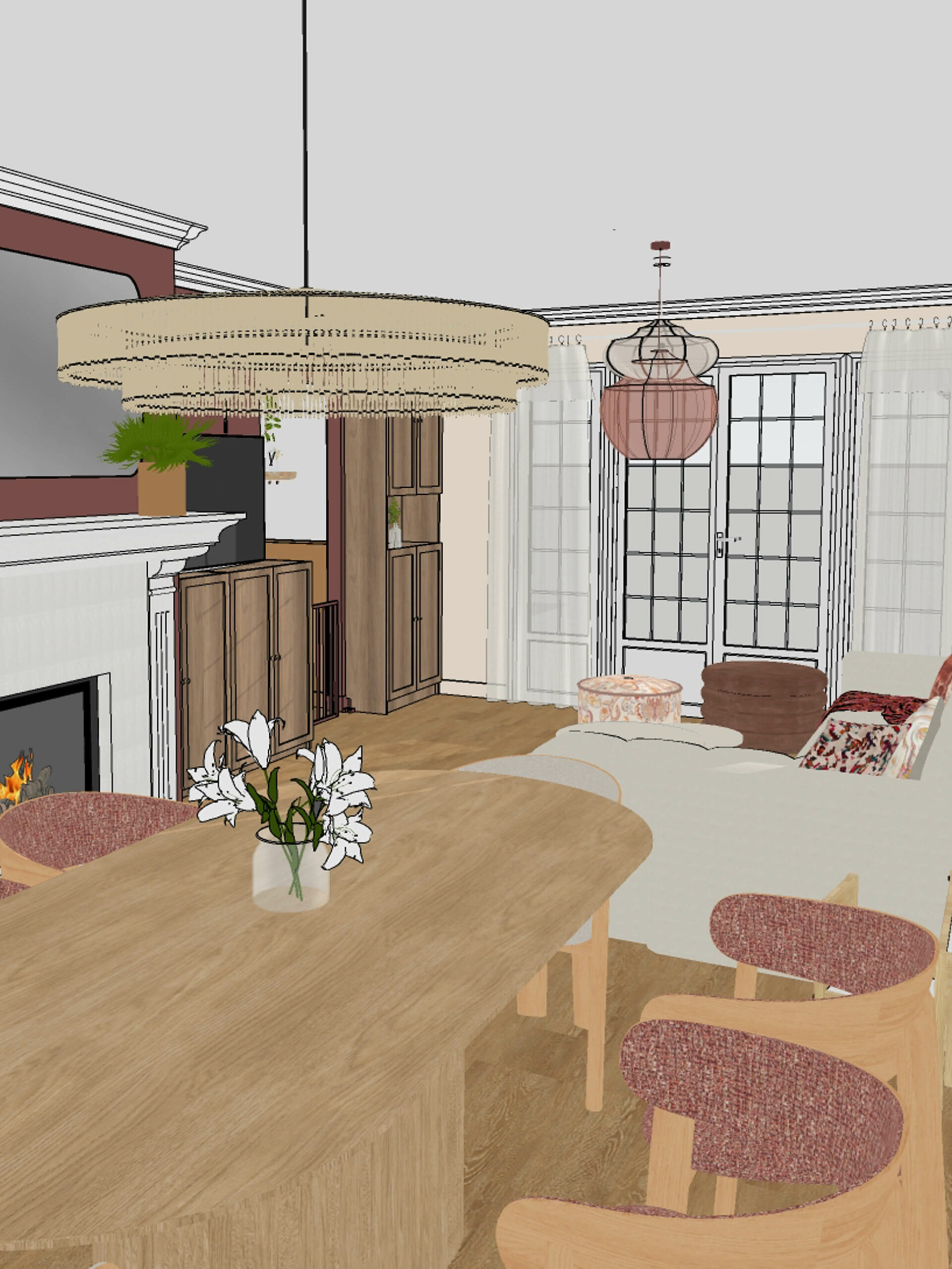 Rénovation d'une maison familiale à Villeconin, en Essonne, séjour solaire et bohème avec des couleurs terracotta, rose poudré, moutarde, associées aux différents bois et aux fibres naturelles, plantes vertes.