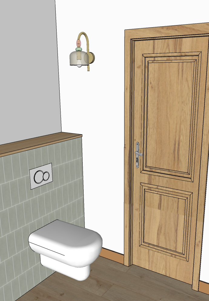 Rénovation d'une maison familiale à Villeconin, en Essonne, toilettes avec zelliges vert d'eau, plinthes colorés et applique en verre colorée