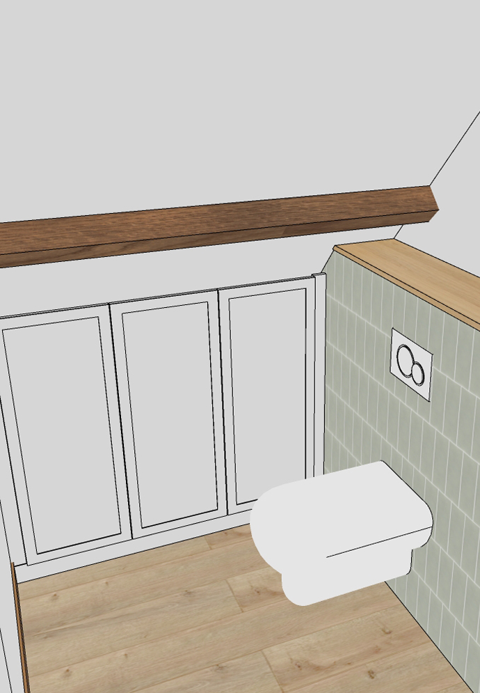 Rénovation d'une maison familiale à Villeconin, en Essonne, toilettes avec zelliges vert d'eau, plinthes colorés, rangements sous pente